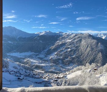 Panoramic view from the balcony at Chalet Vetera for hire in Verbier